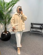 krem peluş fermuarlı mont