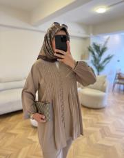 bej nervür dikiş detaylı takım 2