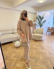 bej nervür dikiş detaylı takım 3