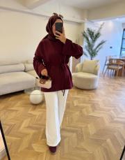 bordo dikiş detaylı yırtmaçlı sweatshırt