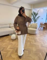 kahve dikiş detaylı yırtmaçlı sweatshırt