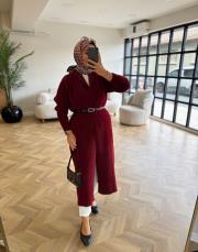 bordo kemerli angora uzun hırka