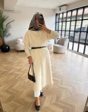 ekru kemerli angora uzun hırka