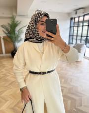 ekru kemerli angora uzun hırka 2