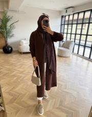 kahve kemerli angora uzun hırka