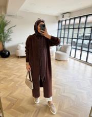 kahve kemerli angora uzun hırka 2