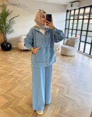 mavi lima pantolonlu denim takım