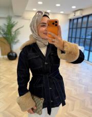lacivert peluş detaylı denim ceket