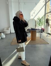 siyah fermuar detaylı yakası kürklü premium kaban 2