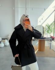 siyah fermuar detaylı yakası kürklü premium kaban 3