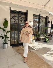 bej fermuar detaylı yakası kürklü premium kaban