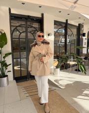 bej fermuar detaylı yakası kürklü premium kaban 2