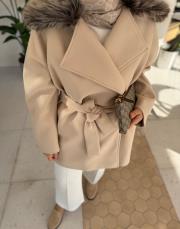 bej fermuar detaylı yakası kürklü premium kaban 5