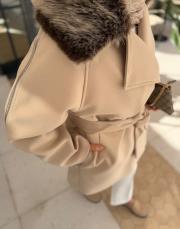 bej fermuar detaylı yakası kürklü premium kaban 6