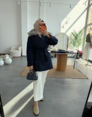 lacivert fermuar detaylı yakası kürklü premium kaban