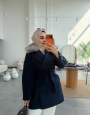 lacivert fermuar detaylı yakası kürklü premium kaban 2