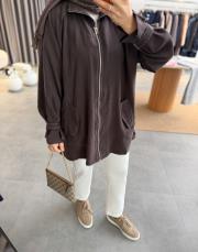 kahve apolet detaylı fermuarlı ceket 6