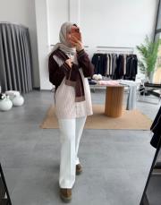 kahve gömlek detaylı triko kazak