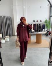 bordo garni detaylı bağcıklı takım