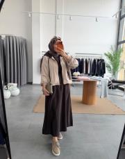 bej garni detaylı ikili elbise takım 2