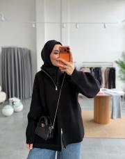 siyah çift fermuarlı triko hırka