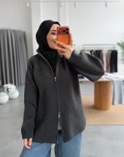 antrasit çift fermuarlı triko hırka