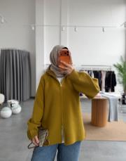 yağ yeşili çift fermuarlı triko hırka