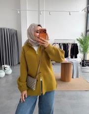 yağ yeşili çift fermuarlı triko hırka 2