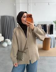 bej çift fermuarlı triko hırka