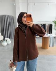 kahve çift fermuarlı triko hırka