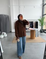 kahve çift fermuarlı triko hırka 3