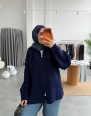 lacivert çift fermuarlı triko hırka