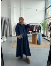 lacivert denim elbise takım