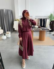 bordo eşarplı etekli takım 3