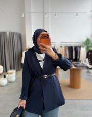 lacivert kemerli blazer ceket 2