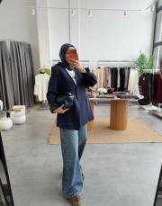 lacivert kemerli blazer ceket 3