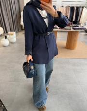 lacivert kemerli blazer ceket 5