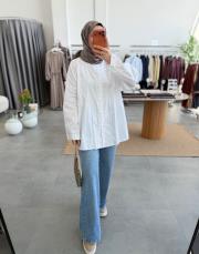 beyaz birit detaylı poplin gömlek