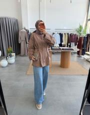 kahve birit detaylı poplin gömlek