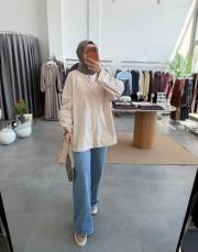 krem birit detaylı poplin gömlek