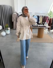 krem birit detaylı poplin gömlek 3