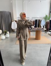 haki nervür detaylı pantolonlu takım