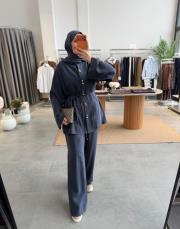 lacivert nervür detaylı pantolonlu takım