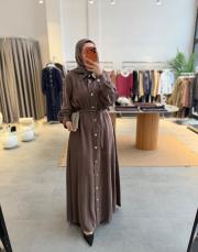 kahve gold düğmeli tensel elbise