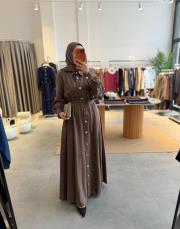 kahve gold düğmeli tensel elbise 2