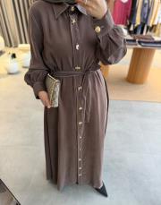 kahve gold düğmeli tensel elbise 3