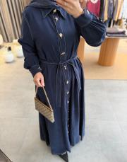 lacivert gold düğmeli tensel elbise 3