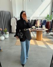 siyah yakasız kruvaze kemerli blazer ceket