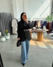 siyah yakasız kruvaze kemerli blazer ceket 2