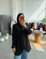 siyah yakasız kruvaze kemerli blazer ceket 4